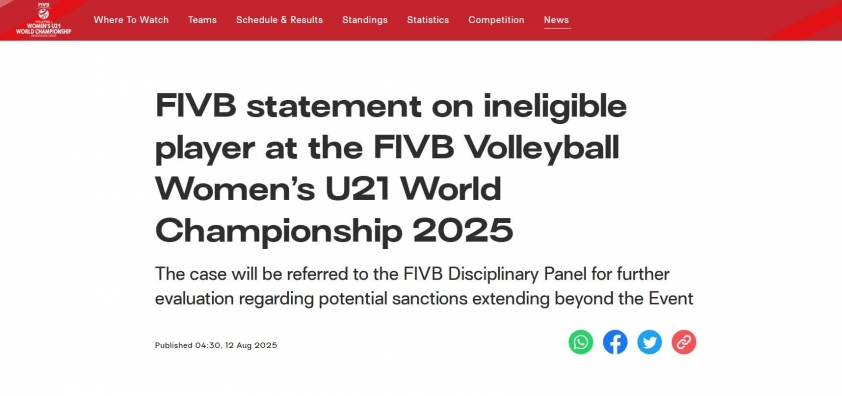 Tuyên bố chính thức từ phía FIVB về việc xử phạt U21 Việt Nam. (Ảnh chụp màn hình)